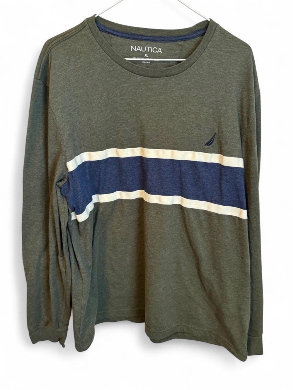 Nautica Heather Olive Green Blue Striped Long Sleeve Tee Mens XL